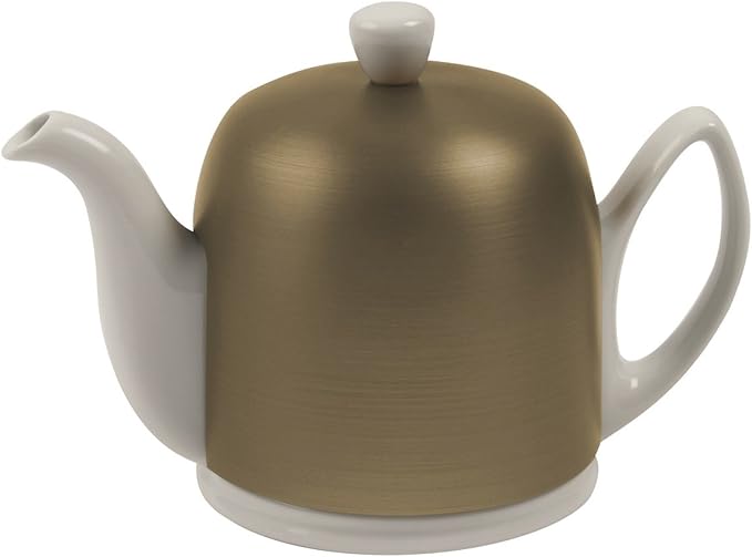 Degrenne Salam Luxury French Tea Pot - Porcelain Teapot with Bronze Stainless Steel Cover, Ceramic Tea Kettle for Loose Tea, Removable Infuser, 6 Cup Capacity, 36oz - White