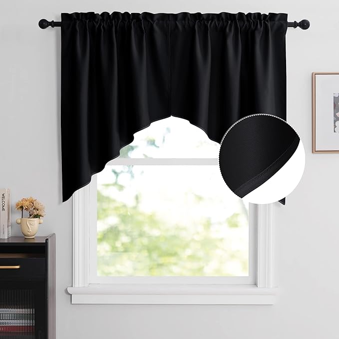 NICETOWN Half Window Rod Pocket Kitchen Tier Curtains- Room Darkening Tailored Scalloped Valance/Swags for Living Room (1 Set, 72 inches Wide Combined, 36 inches Long, Black)