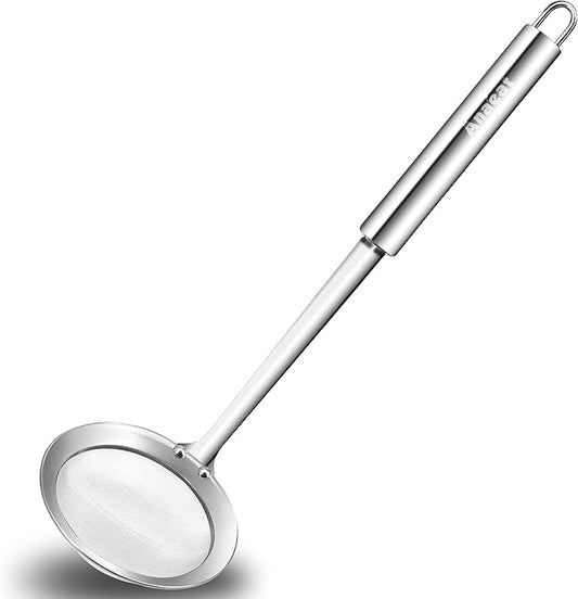 Anaeat 4" Stainless Steel Fat Skimmer Spoon - Professional Kitchen Fine Mesh Food Strainer and Hot Pot Skimmer with Long Handle for Skimming, Cooking, Frying, Grease, Gravy and Foam Diameter
