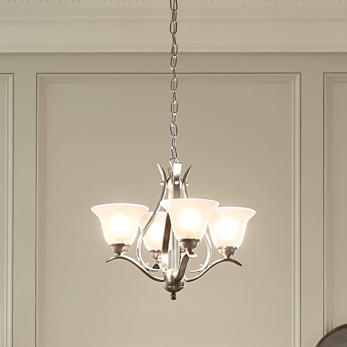 Kichler Dover 4-Light Mini Chandelier in Brushed Nickel with Satin Etched Seeded Glass, Traditional Lighting Fixture for Dining Room or Entryway, 2019NI