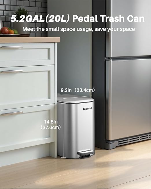 Lovewind Trash Can with Lid, 5.2 Gallon/20 L Footstep Garbage Can for Kitchen Bathroom Bedroom Home Office, 20 Liter Trash Bin Brushed Stainless Steel Waste Bin with Soft-Close Lid, Silver