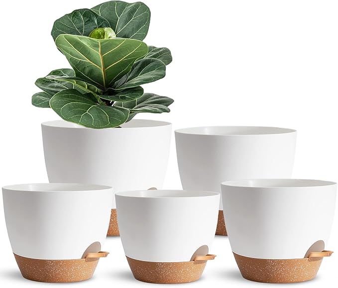 Plant Pots for Lazy People,5Pack 7/6.5/6/5.5/5 Inch, Plastic Self Watering Planter Pot for Houseplants,Succulent, African Violets,Snake Plants, Flowers and Cactus, White