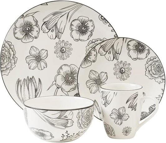 Pemberly Row Modern Porcelain Dinnerset 16 Piece Porcelain Bouquet