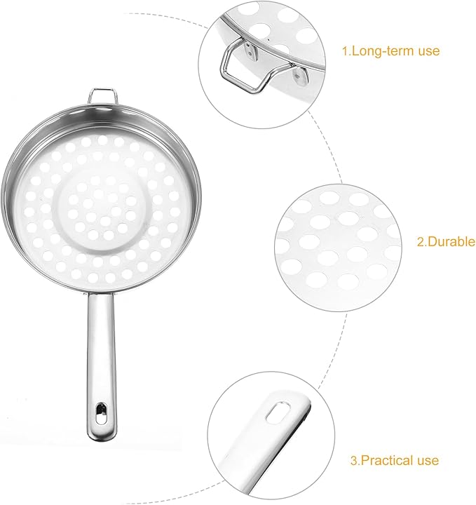 Hemoton Stainless Steel Colander With Long Handle Large Hole Cooking Strainer Mesh Steaming Basket for Draining Food Pastas Washing Fruits Vegetables Salads Silver