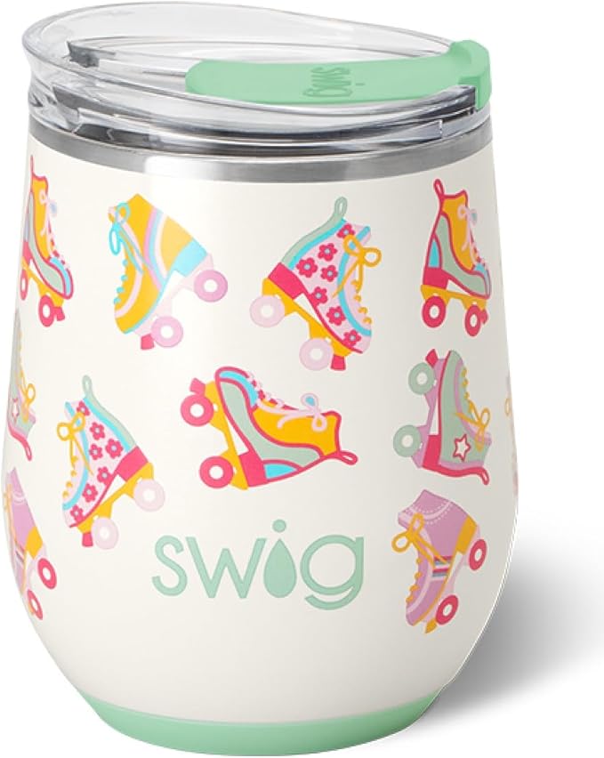 Swig Life 12oz Wine Tumbler with Lid, Stainless Steel, Dishwasher Safe, Portable, Triple Insulated Wine Tumbler (Roller Rink)