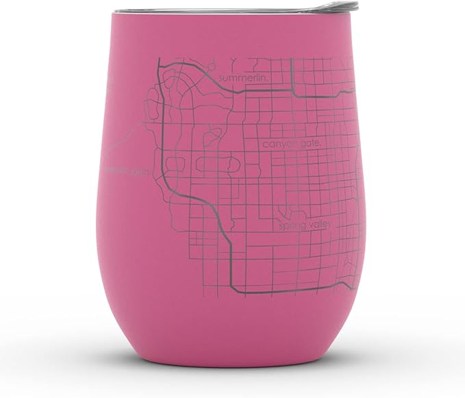 Well Told Engraved Las Vegas Nevada Map Insulated Wine Tumbler, Etched Stainless Steel Cup (12 oz, Sunset Pink) City Map Insulated Tumbler, Custom Insulated Tumbler, Outdoor Drinkware