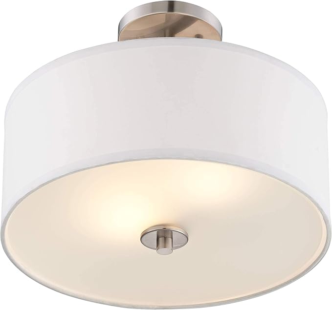 Possini Euro Design Halsted Modern Close to Ceiling Light Semi Flush Mount Fixture 15" Wide Brushed Nickel Silver White Linen Drum Shade for Bedroom Hallway Living Room Dining Room Bathroom Kitchen