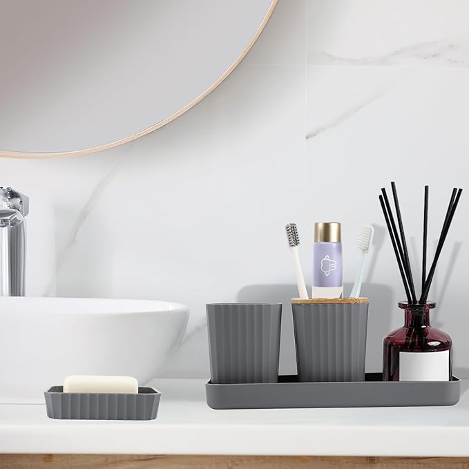 Bathroom Set - Grey Bathroom Accessories Set with Shower Curtain, Bath Towels, Soap Dispenser, Toilet Brush, Trash Can, Grey Bathroom Accessories Sets Complete for Housewarming