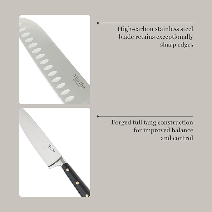 Martha Stewart 16 Piece Lockton High Carbon Stainless Steel Cutlery Kitchen Knife Block Set W/ABS Tripe Riveted Forged Handle Acacia Wood Block - Black W/Gold