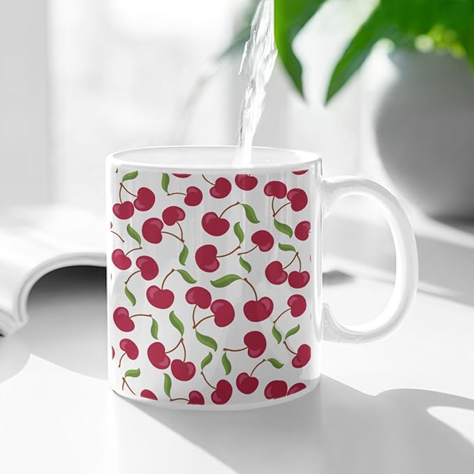 Coffee Mugs Ceramic Latte Mug with Handle Cherry Pattern 11 OZ for Men Women for Latte Cappuccino Cocoa Milk Dishwasher & Microwave Safe