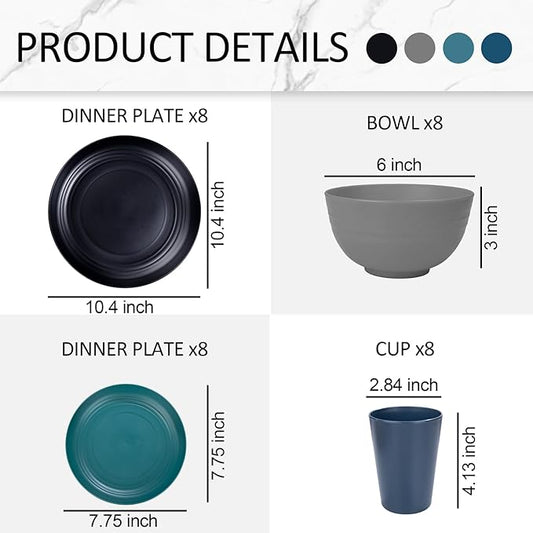 Supernal 32pcs Wheat Straw Dinnerware Sets,Plastic Plates and Bowls Sets for 8,Unbreakable Plates and Bowls Sets Dishwasher Safe Microwave Safe Fun Colors Perfect for Cooking Family Camping Picnics