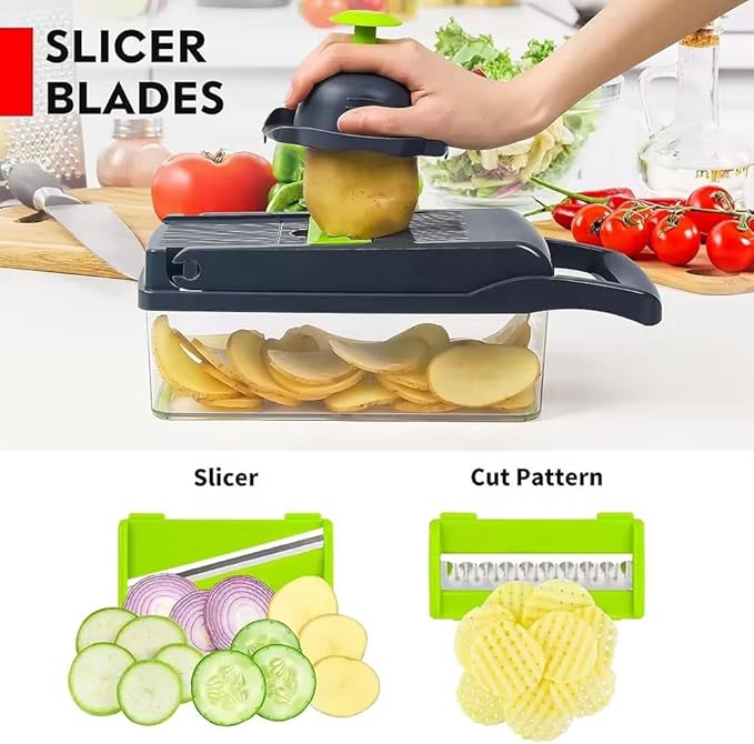 16-in-1 Vegetable Chopper & Slicer - Multifunctional Kitchen Food Cutter for Onion, Salad, Fruit with Adjustable Dicer and Storage Container