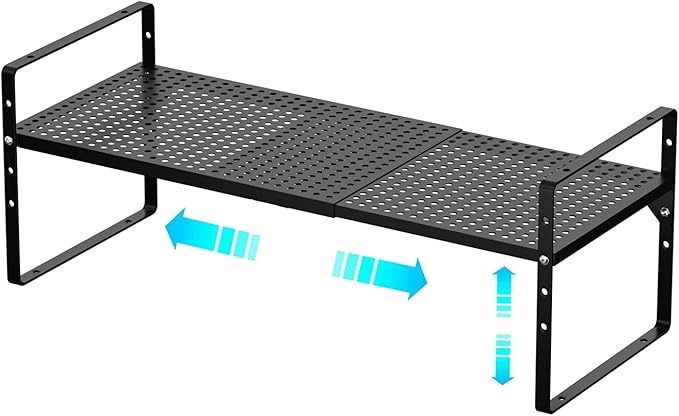 Redrubbit Expandable Cabinet Storage Shelf, Adjustable Height Steel Metal Kitchen Counter Organizers Shelves Spice Rack for Kitchen Pantry Bathroom Cupboard Desk Home Office, Black-1 Pack