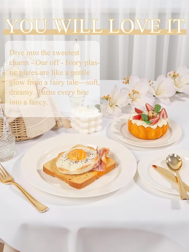 WDF 200PCS Ivory Plastic Plates - Elegant Ivory Disposable Plates for Party- Include 100 Dinner Plate 10’’ and 100 Plastic Dessert Plate 7’’ Perfect for Thanksgiving/Wedding/Party/BirthdayBaby Shower