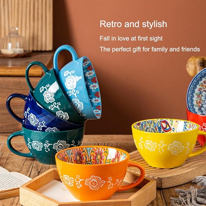 Red Ceramic Mug, Bohemian Hand-Painted, 15 Oz Large Coffee Cup for Milk, Tea, Breakfast, Dishwasher & Microwave Safe Cup