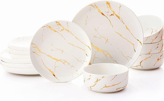 White Gold Splash Dinnerware Sets, 12 Pieces Fine China Marble Plates and Bowls Sets, Modern Porcelain Dish Set for 4, Luxury Dinner Set for Formal Dinners and Weddings