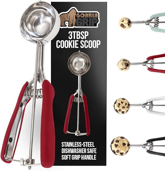 GORILLA GRIP BPA-Free Stainless Steel Cookie Scoop, 3 TBSP Scooper #20, Soft Grip Handle, Easy Food Release, Create Even Portion Sizes, Multipurpose Kitchen Melon Baller, Meatball Spring Scoops, Red