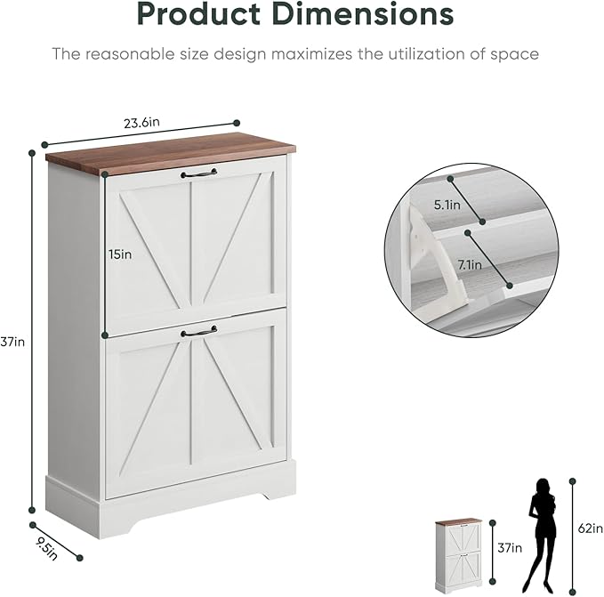 Shoe Cabinet, Shoe Storage Cabinet for Entryway with 2 Flip Drawers, Narrow Farmhouse Shoe Organizer Cabinet, Slim Shoe Rack Cabinet, White