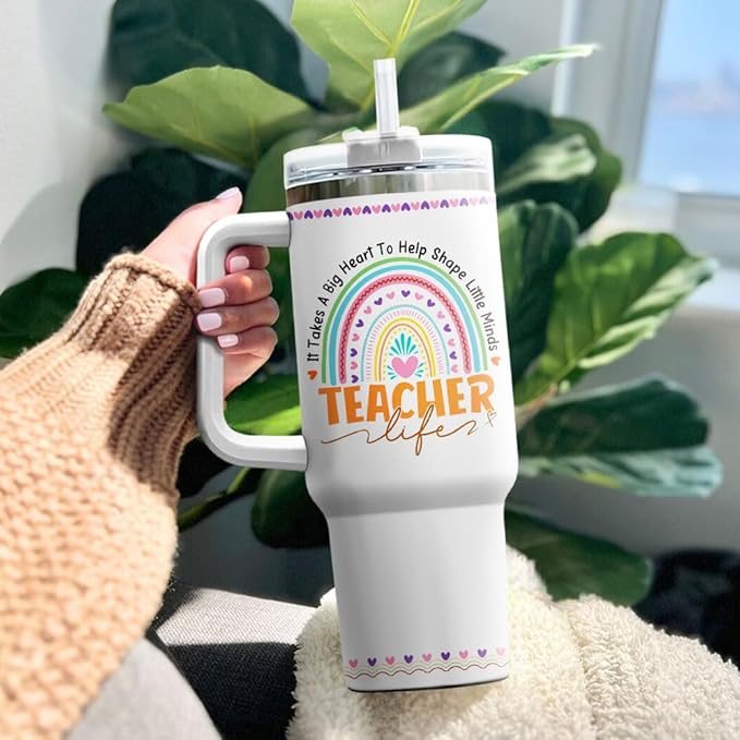 Tumblers Cups Coffee Water Life For Insulated Gift Women Handle Straws Heart, Teacher Gifts, Tumbler 40 Oz With Handle Lid And Straw, Teacher Rainbow Nutrition Facts