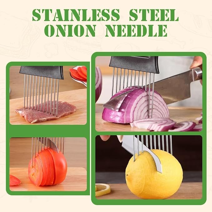 Stainless Steel Onion Slice Holder, 2026 New Upgraded Vegetable Slicer Cutter, Chopper Slicing Assistant Tool for Meat, Onion, Potato, Tomato Home Kitchen Tools (2pcs)