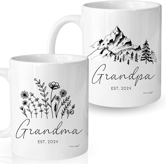 Vivulla68 Grandparents Gifts First Time 2024, Pregnancy Announcement For Mug Set, Promoted To Grandma And Grandpa 2024 Mugs, Baby Est Grandparent mug - White 1 (Grandparent Mug Set 2024, 11Oz)