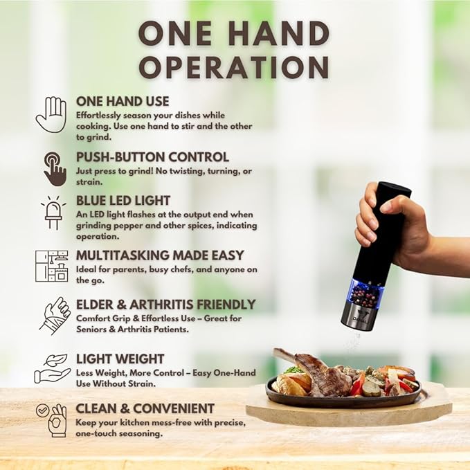 Electric Automatic Salt and Pepper, Rechargeable Grinder Mill, LED Light, One-Hand Operation, Adjustable Coarseness, USB-C Charging, ABS & Stainless Steel, Stand Included.