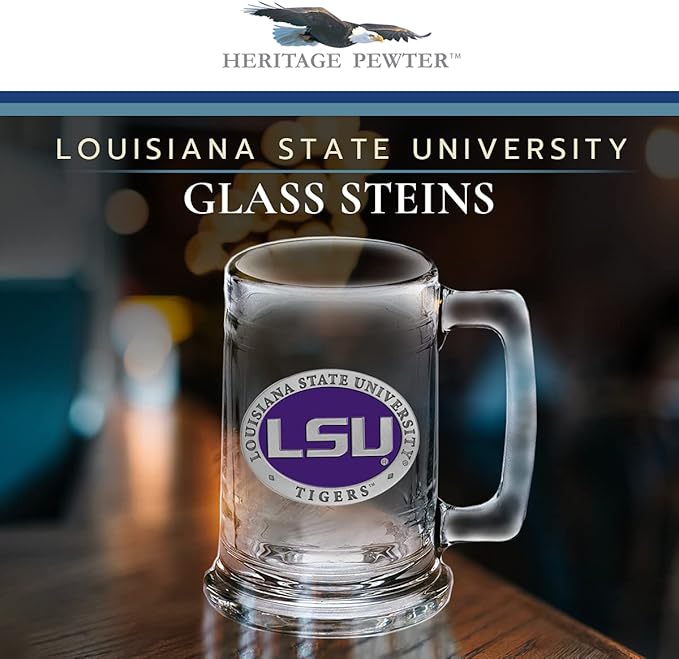 Heritage Pewter LSU Beer Stein Glass | 15 Ounce German-Style Beer Glass | Intricately Crafted Metal Pewter Alma Mater Inlay