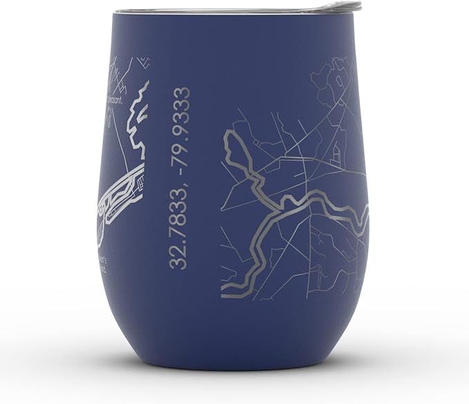 Well Told Engraved Charleston South Carolina Map Insulated Wine Tumbler, Etched Stainless Steel Cup (12 oz, Midnight Blue) City Map Insulated Tumbler, Custom Insulated Tumbler, Outdoor Drinkware