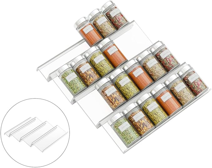 Mobestech Expandable Acrylic Spice Rack Organizer with Shelves for Kitchen Drawer Storage of Seasoning Bottles Essential Oils Vitamins and Medicine Transparent Tiered Shelf for Cabinet