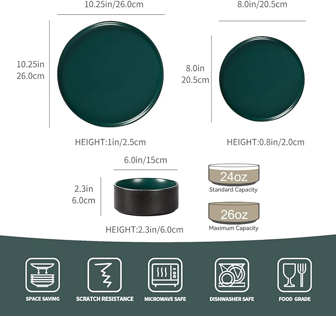 GZG Classic Series - Plates and Bowls Set for 8, 24 Piece Stoneware Dinnerware Sets, Microwave and Dishwasher Safe Lead-Free Handcrafted Ceramic Dishes Set - Malachite Green