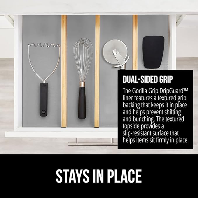 GORILLA GRIP DripGuard Shelf Liner, Non Adhesive Drawer and Kitchen Cabinet Protector, Slip Resistant BPA Free Smooth Surface Plastic Liners for Cabinets, Bathrooms, Closets, 12x120 Inch, Light Gray
