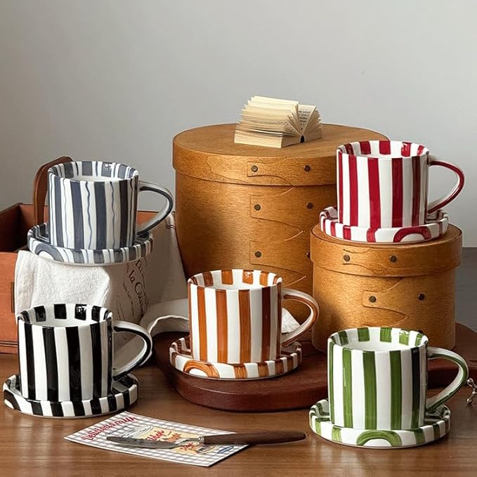 8Oz Stylish Handmade Vertical Striped Coffee Mug Espresso Cups With Saucer, small Hand painted Ceramic Cappuccino Mugs, Glazed Tea Cup, Microwave safe Latte art mug, Spring mug (Green)