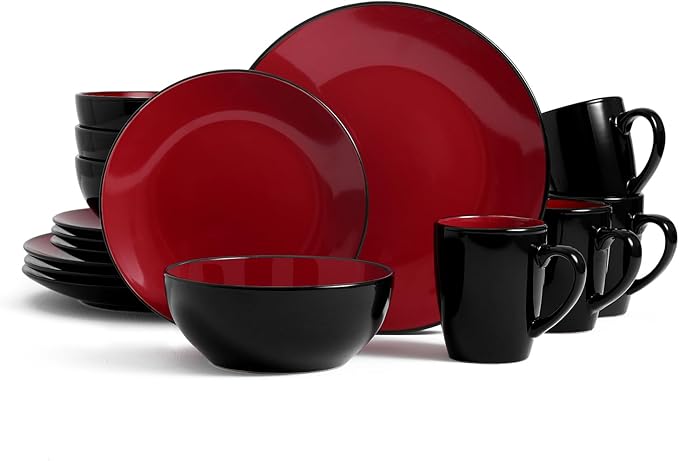 Bestone 16 Piece Round Kitchen Dinnerware Set,Plates and Bowls sets,Dishes, Plates, Bowls, Mugs, Dish Set，Plates and Bowls,Service for 4, Stoneware Dinnerware,Red and Black