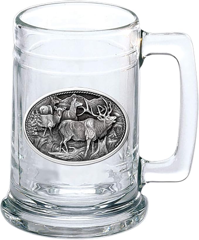 Heritage Pewter Elk Beer Stein Glass | 15 Ounce German-Style Beer Glass | Intricately Crafted Metal Pewter Elk Inlay