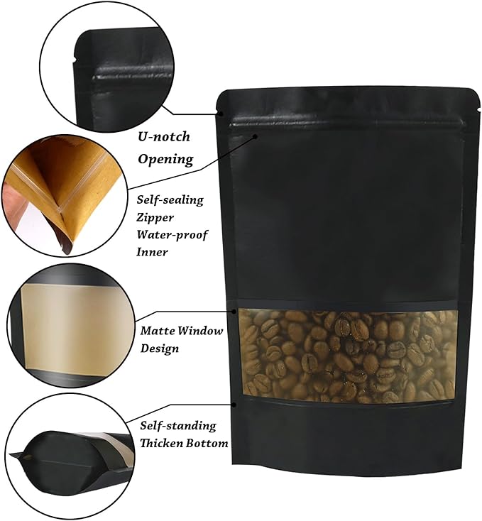 100 PCS Resealable Bags, Stand Up Kraft Paper Bags with Matte Window, Zipper Lock Food Storage Bags for Small Business and Home, 4.7 * 7.8 Inch Reusable Sealable Bags for Packaging -Black