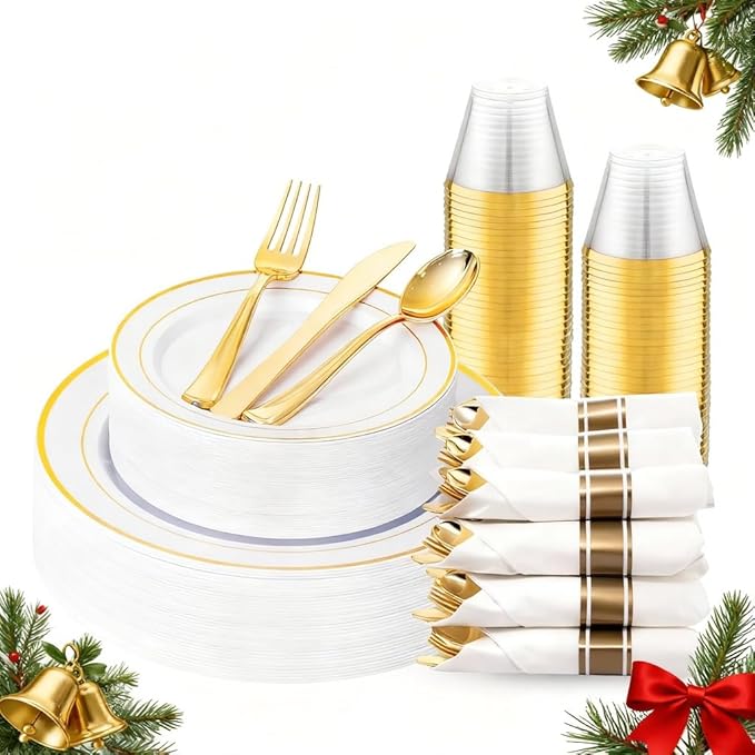 175PCS White and Gold Plastic Plates - Christmas Plates with Rolled Napkins for Party - 25Guest Disposable Dinnerware Sets for Party/Christmas/Wedding