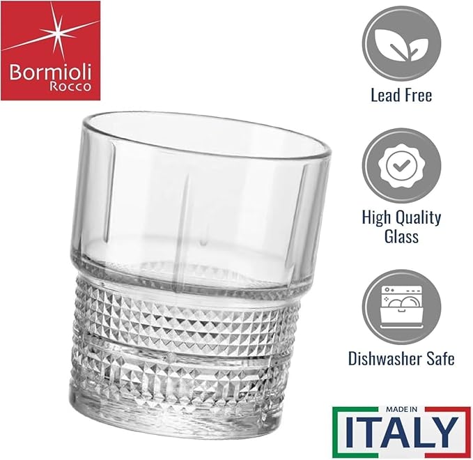 Bormioli Rocco Novecento Barware DOF Glass, Stackable, Set Of 4, 12.5 oz, Clear, Vintage Design, Made In Italy.