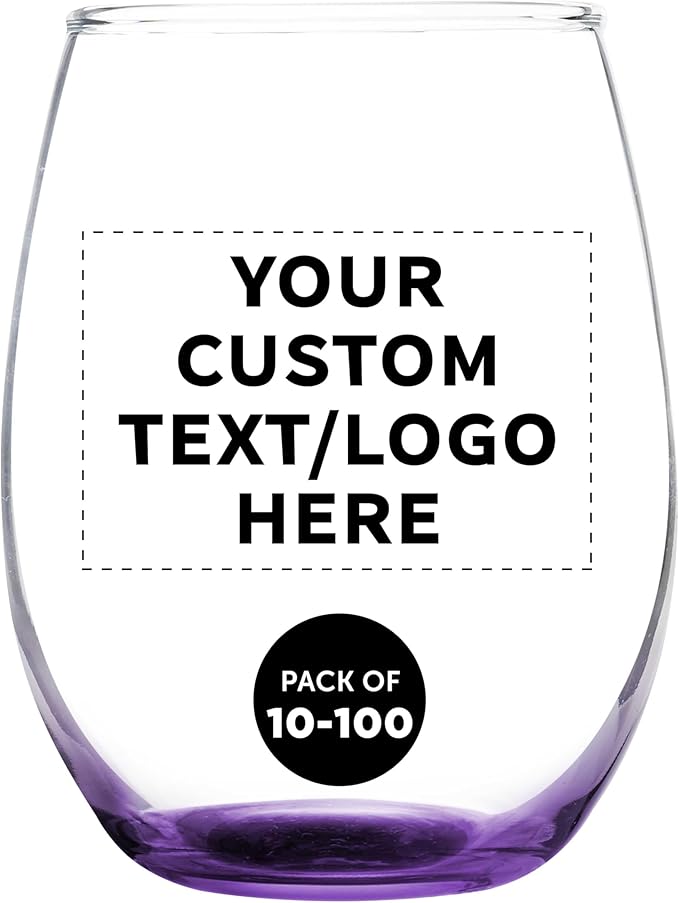 DISCOUNT PROMOS Custom Stemless Wine Glass 9 oz. Set of 10/50/100, Personalized Bulk Pack - Great for Wedding Favors, Bachelorette Party Decorations, Party Favors - Purple