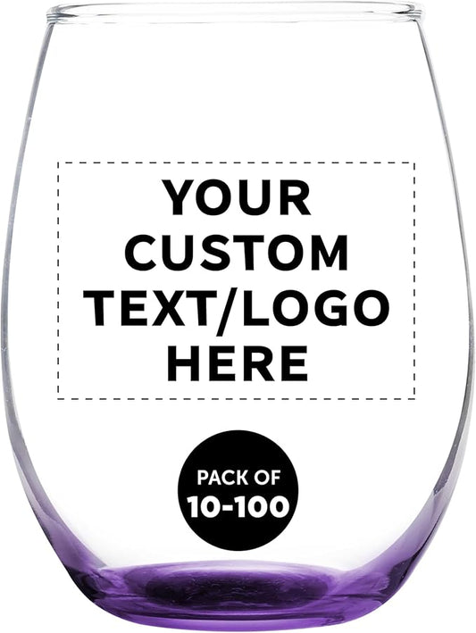 DISCOUNT PROMOS Custom Stemless Wine Glass 9 oz. Set of 10/50/100, Personalized Bulk Pack - Great for Wedding Favors, Bachelorette Party Decorations, Party Favors - Purple
