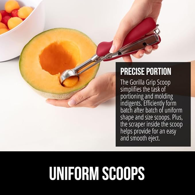 GORILLA GRIP BPA-Free Stainless Steel Cookie Scoop, 1 TBSP Scooper #60, Soft Grip Handle, Easy Food Release, Create Even Portion Sizes, Multipurpose Kitchen Melon Baller, Meatball Spring Scoops, Red