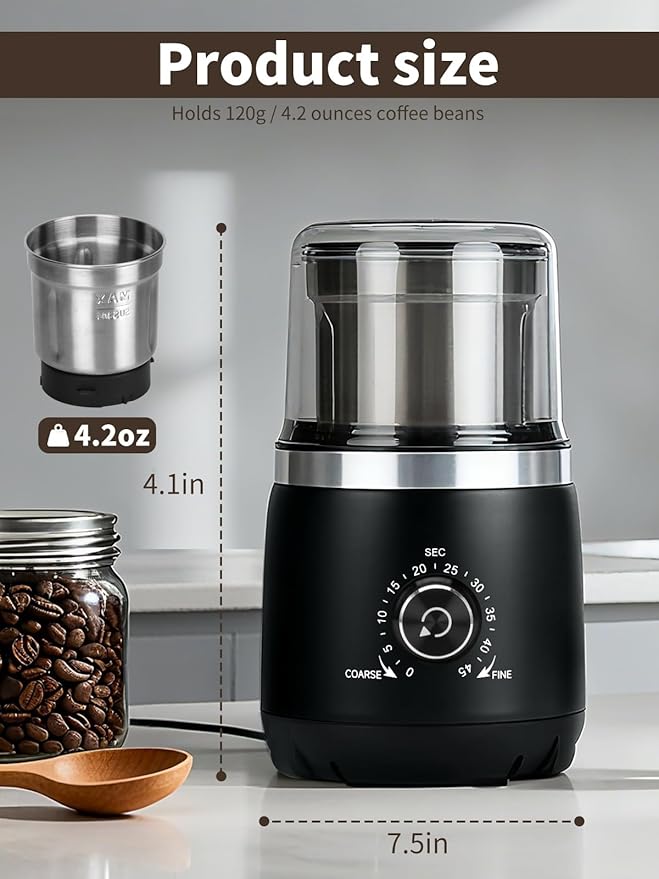 Electric Coffee Grinder with Silent Grinding Blades & Timer Knob to Adjustable Coarse to Fine, Espresso Grinder with Removable Stainless Steel Bowl for Coffee Bean, Herb, Spices, Seeds (Black)