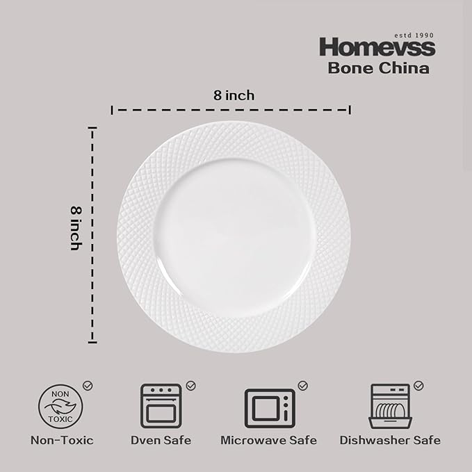 HomeVss, New Bone China Dinnerware Set, Embossed Diamond Design, 48pc Set