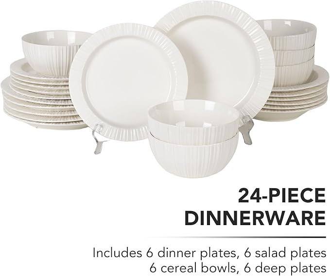 24-Piece White Ceramic Dinnerware Set - Rhine Series, Service for 6, Includes Bowls, Flat & Deep Plates, Microwave & Dishwasher Safe
