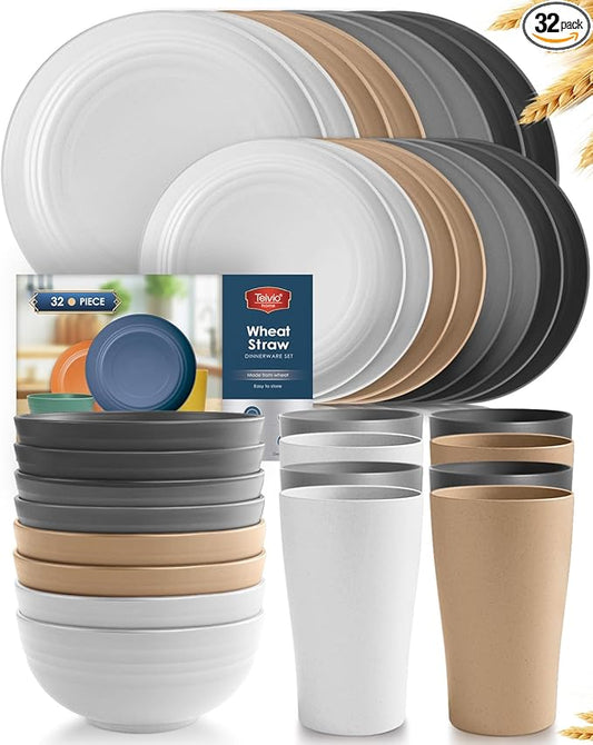 Teivio 32-Piece Kitchen Plastic Wheat Straw Dinnerware Set, Service for 8, Unbreakable Plates, Bowls and Cups Set, Farmhouse Outdoor Camping Dishes for Rustic Life/Country/Vintage, Country