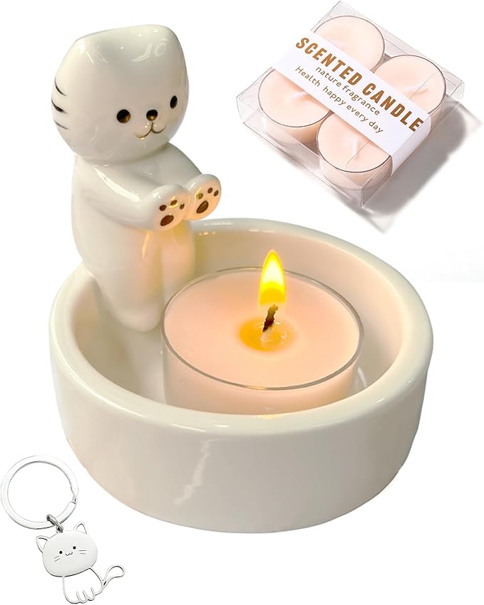 Cat Candle Holder with 4 Scented Tealight Candles & Free Keychain, Cute Ceramic Kitten Candlestick, Cartoon Cat Paw Candle Decor, Cat Lover Gift for Women, Home Aromatherapy Set