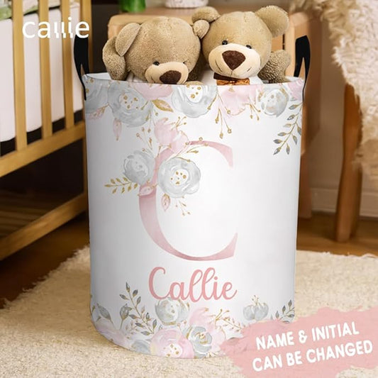 callie Personalized Laundry Basket for Kids Girls, Custom Initial & Flower Laundry Hamper, Clothes Toys Storage Bin for Bedroom Nursery (13.8" x 16.5", 15.7" x 19.6")