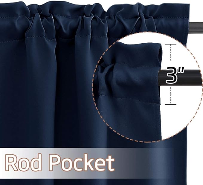 NICETOWN Window Curtain Valances for Kitchen Adjustable Length Double Rod Pocket Tailored Insulated Blackout Curtain Panels for Home Office, 52" Wide x 18" Long + 1.6" Header, Navy, 1 Pair
