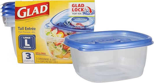 Glad GladWare Tall Entree Food Storage Containers - Large Square - Meal Container Holds up to 42 Ounces of Food - Lock Tight Seal, 3 Count - 2 Pack