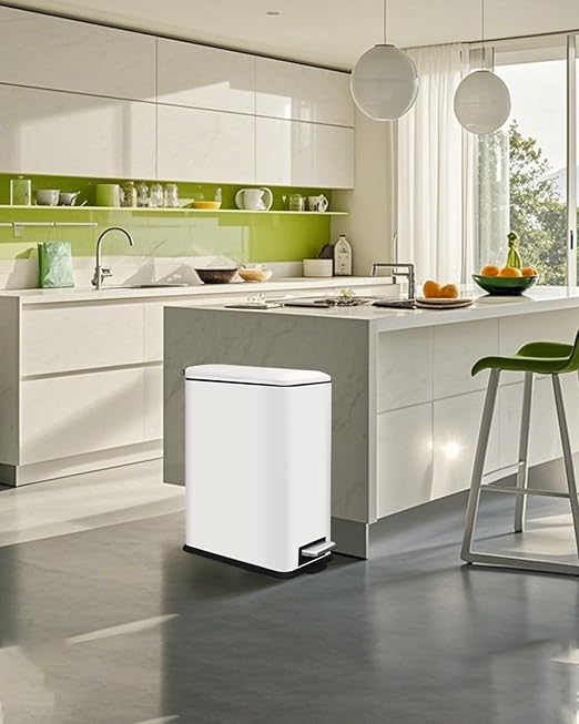 12 Gallon Slim Kitchen Trash Can, Stainless Steel Trash Can with Removal Inner Bucket and Soft-Close Lid, Pedal Garbage Can 45 Liter, White