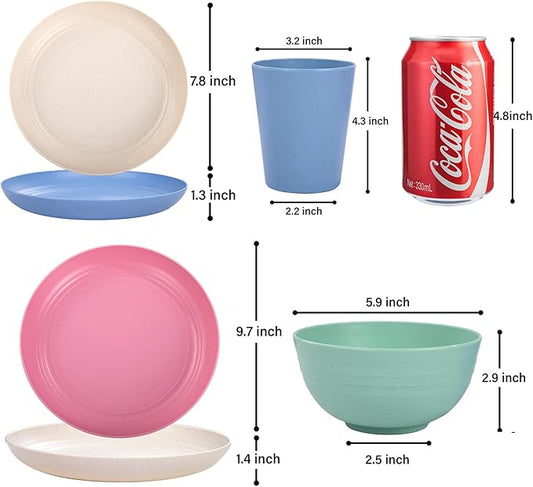 LIYH 48 Pcs Wheat Straw Dinnerware Plates and Bowls Set Dishwasher Safe Unbreakable Light Weight Plates Service for 12 Reusable Dinnerware Set Multicolor Set Dish Set